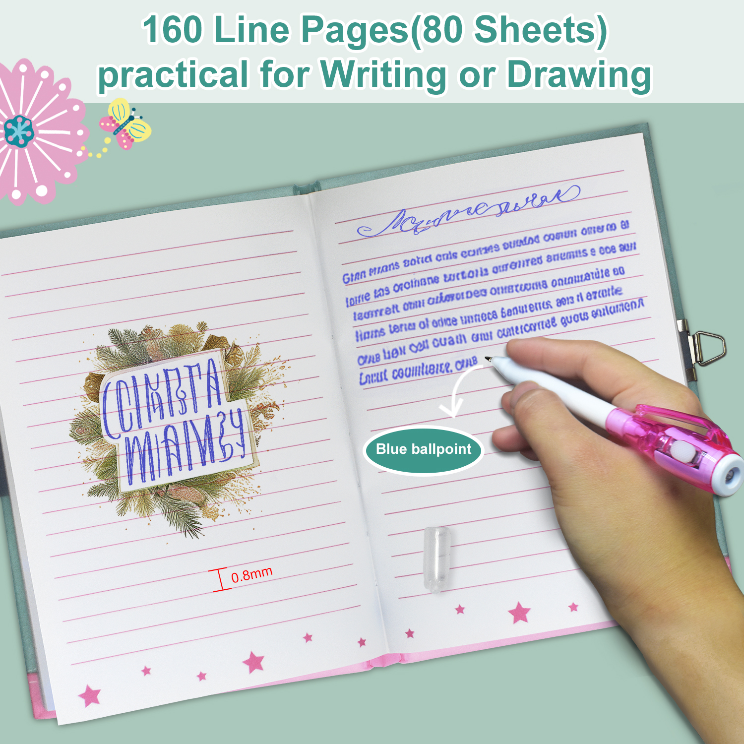 ロック付きポップガールズダイアリー、7.5x5.4インチ 160罫ページ ガールズジャーナル 子供用 秘密ノート ペンセット ギフト ライティング用