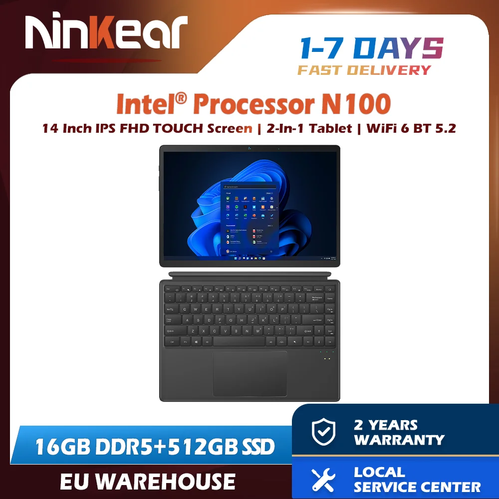 Ninkear T40 Laptop Touchscreen 2 In 1 Tablet Intel N100 14 Inch Fhd 16Gb Ddr5 + 512Gb Ssd Wifi 6 Rgb Verlicht Toetsenbord Met Stylus