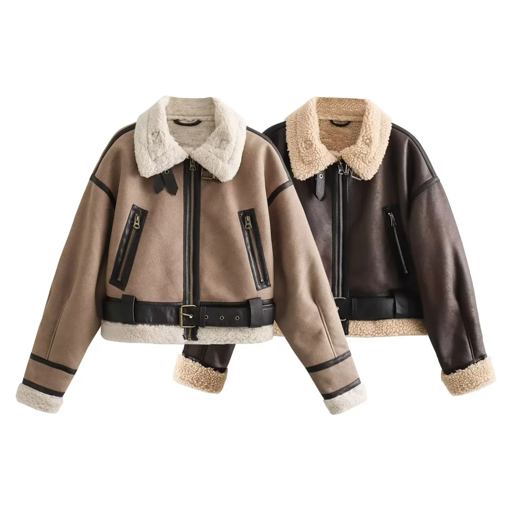 2024 outono/inverno novo produto casual feminino usar gola flip pele integrada solto e versátil casaco curto