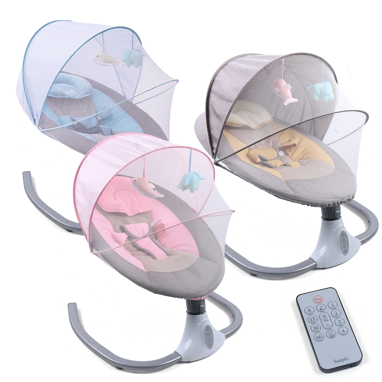 Balançoire électrique pour bébé de 0 à 18 mois, berceau à bascule musical pour bébé avec parasol et moustiquaire, bascule à 4 vitesses, avec télécommande