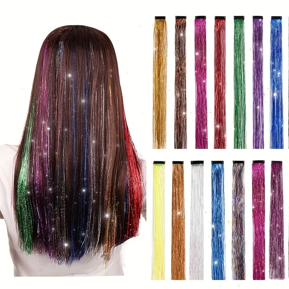 Extensiones de pelo largo y liso para niña, postizos sintéticos brillantes de oropel, con Clip de arcoíris, para fiesta de cosplay de halloween, Y2K, 2 piezas