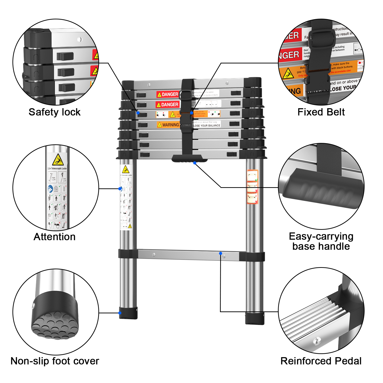 2.6m–3.2m steel telescopic ladder, folding telescopic ladder, height-adjustable, suitable for aerial and outdoor workers