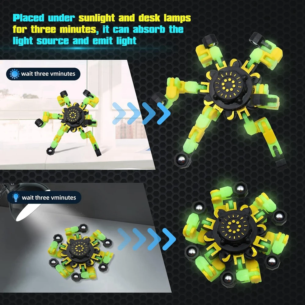 4 ชิ้น Fidget Spinners Glow in The Dark ปลายนิ้ว Gyro DIY Deformable หุ่นยนต์ตลก Sensory ของเล่น Decompression Spinner Party Favors