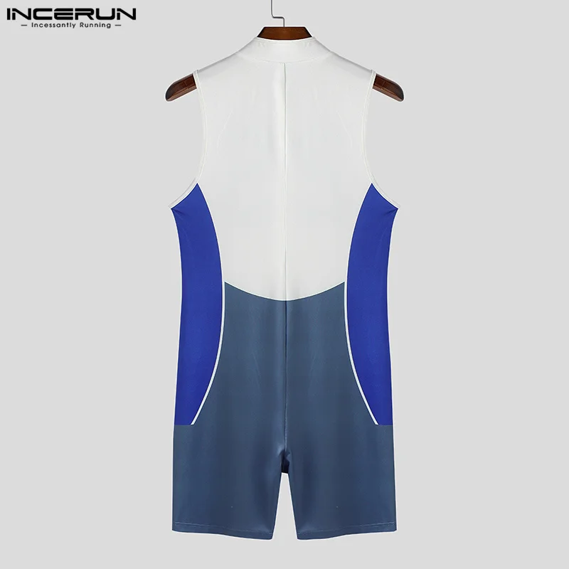INCERUN Men Rompers Bodysuits Print Patchwork Zipper Sleeveless Male Overalls Skinny 2025 Summer Color-block Playsuits Workout