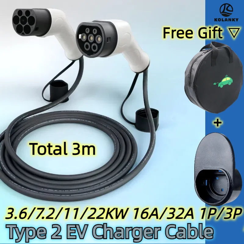 Cabo de carregamento ev portátil 3.6 7.2 11 22 kw carregador de carro elétrico 1p 3p tipo 2 macho para tipo 2 IEC62196-2 estender cabo famale