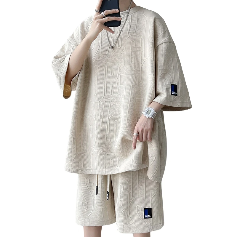 Cseta Masculina de Verão de Manga Curta Leve e Casual Estilo Americano Conjunto de Cinco Peças com Calças Leves e Respiráv...