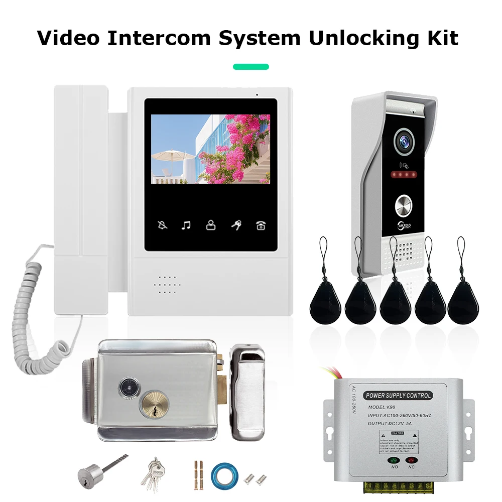 4,3 inch LCD-video-intercomsysteem voor thuisondersteuning 2-weg intercom RFID-kaart Ontgrendel metalen deurbel met slotset
