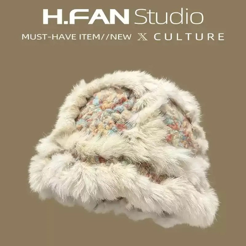 2024 neue Echt Kaninchen Fell Wolke Gestrickte Lion Dance Hut Frauen Winter Warme Flauschigen Alle-Spiel Becken Hut gesicht-Schlankheits Weihnachten Geschenk