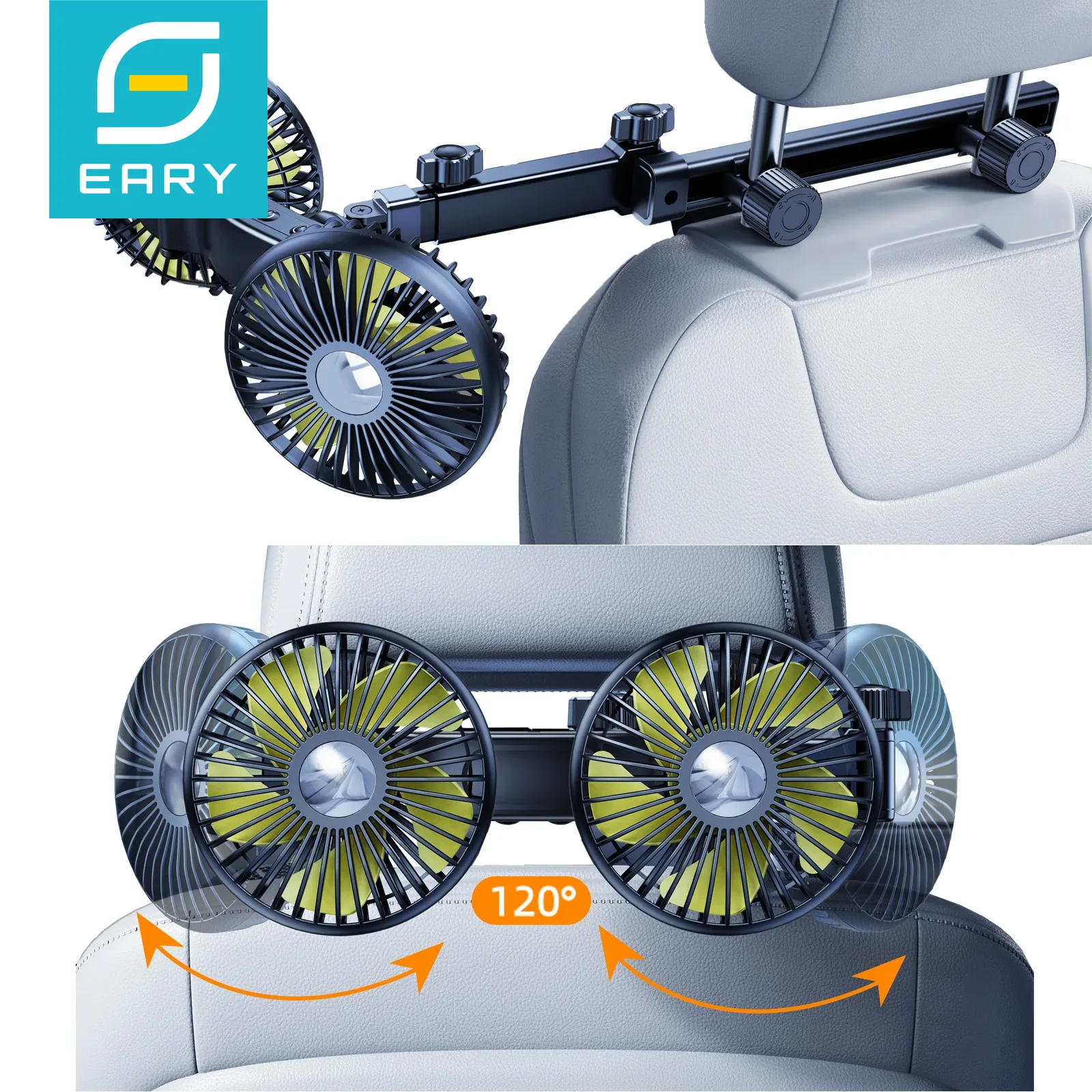 Автомобильное крепление вентилятора Eary с двумя головками для заднего сиденья, подголовник заднего сиденья, зарядка через USB, регулируемая длинная рука, 3-скоростной ветровой вентилятор воздушного охлаждения для детей