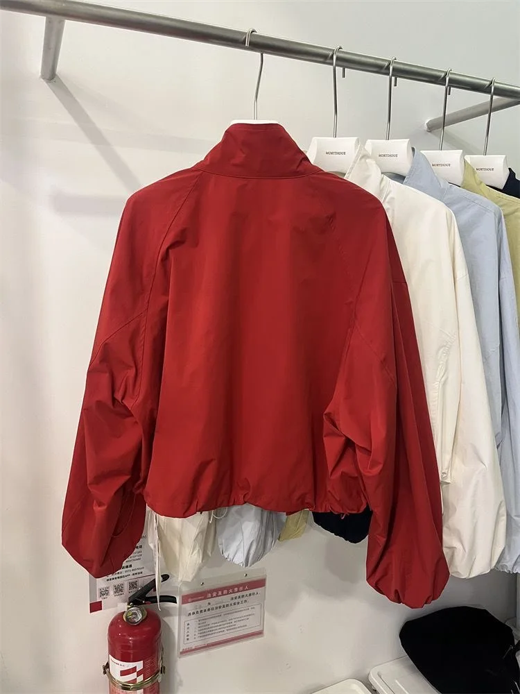 2025 New Red Stand Up Collar Casual Jacket For Women In Spring And Autumn Loose Casual Short And Thin Jacket Top
