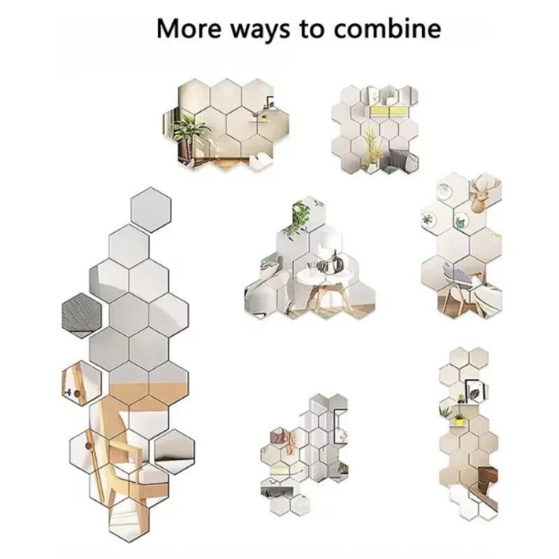 Adesivo de parede espelhado 45 peças, adesivo de arte de parede hexagonal, adesivo de azulejos decorativos domésticos DIY
