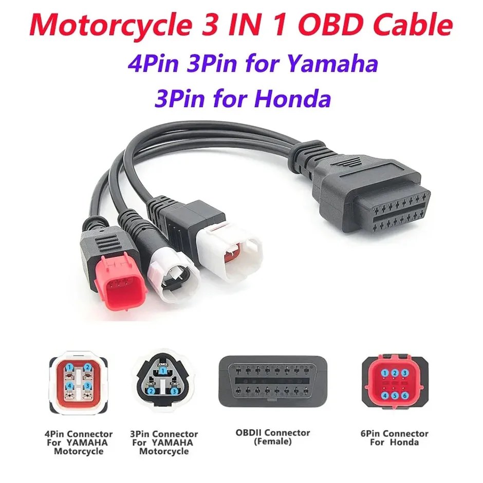 Cabo de diagnóstico de motocicleta para yamaha 3pin 4pin para honda 6pin 3in1 3 em 1 motor obd 2 cabo de extensão conector obd2