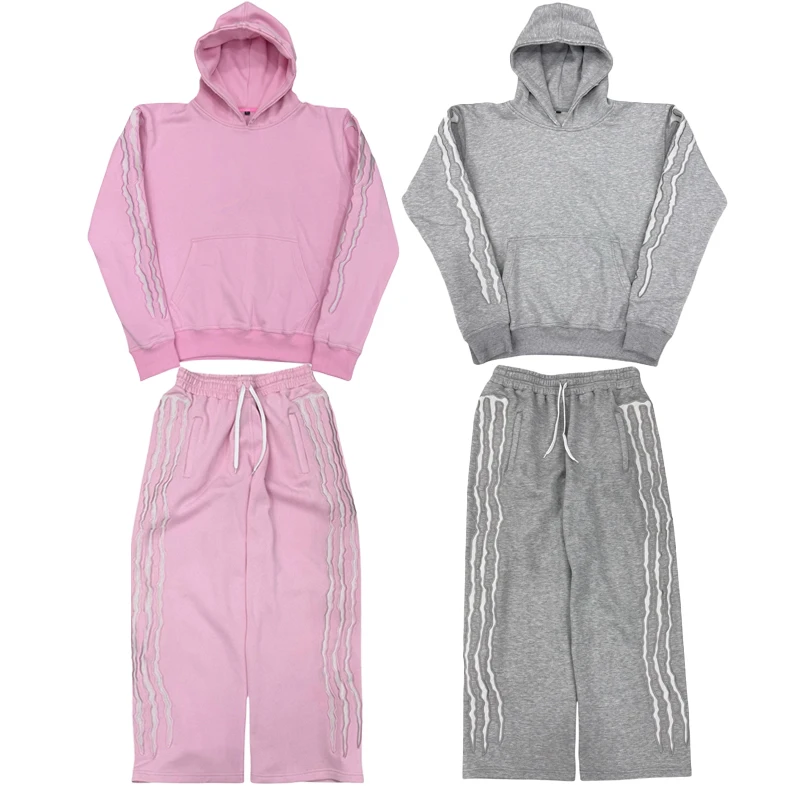 2-teiliges Oberbekleidungs-Co-ords Y2K-Jogginghose mit drei Streifen, Kapuzenpullover, Trainingsanzug, trendiges besticktes, mit Fleece gefüttertes Streetwear-Unisex-Baggy-Set