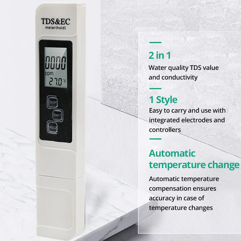 Probador de agua Digital TDS de mano blanco, alta precisión, agua del grifo purificada para el hogar, pantalla grande multifuncional, 1 ud.