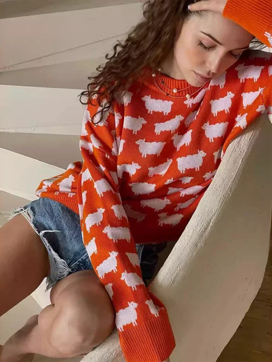 Bornladies-suéter con estampado de Alpaca y cuello redondo para mujer, suéter Retro holgado informal de longitud media, Jersey cálido para otoño e invierno