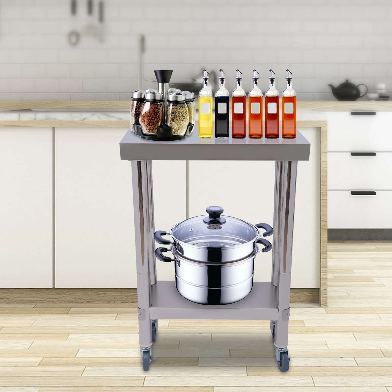 Mesa de cozinha em aço inoxidável 2 níveis com prateleira ajustável para preparação de alimentos (60 x 30 x 85)