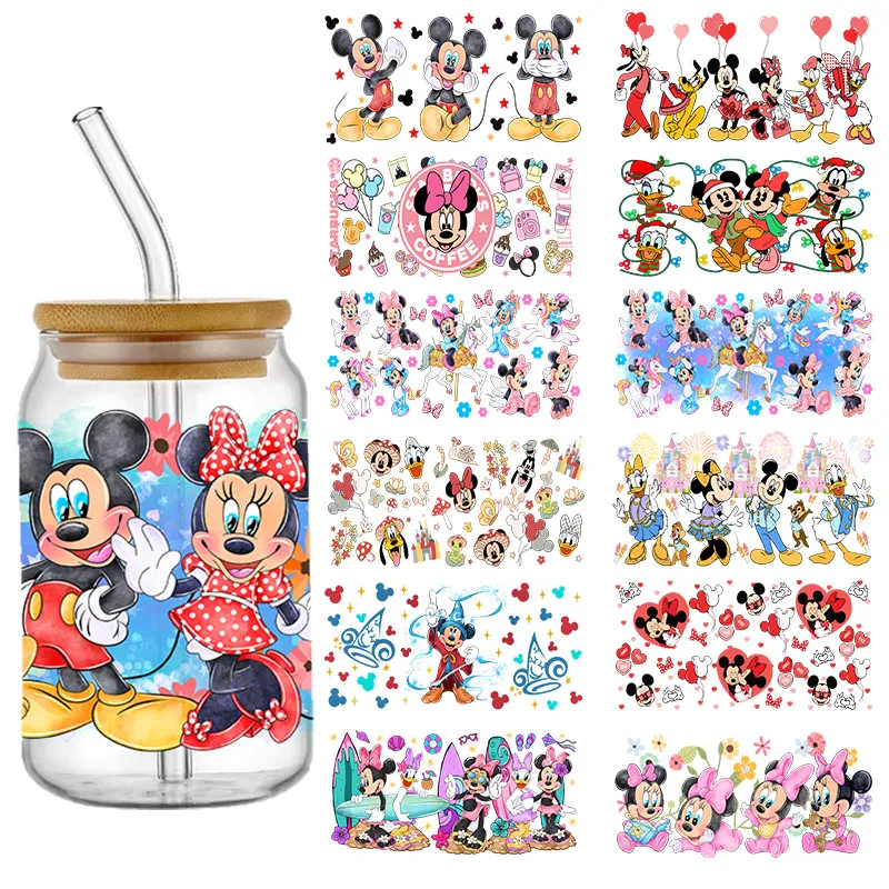 Mickey Minnie dibujos animados princesa Winnie osito puntada envolturas de alta calidad taza de vidrio de 16oz UV DTF envoltura calcomanías de transferencia
