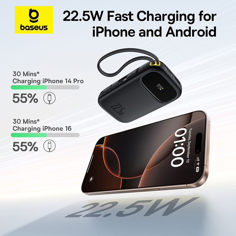 Baseus 22.5W 10000mAh 20000mAh Power Bank Built-In Retractable USB-C & Lightning Cable for iPhone 16 Samsung S25 Xiaomi Poco