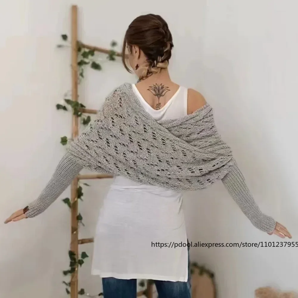 Lenço de suéter com mangas femininas, envoltório de cabo de malha macia, novo xale elegante, encolhe de ombros quentes à prova de vento para mulheres outono inverno