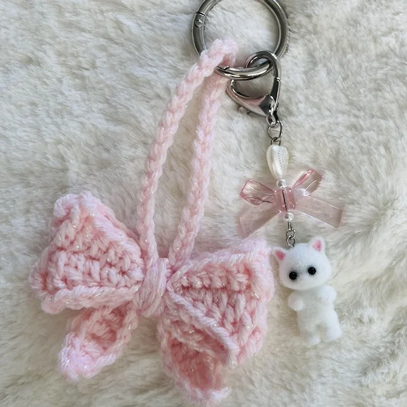Lindo llavero con lazo de corazón de gato y gatito peludo, gatito, Kawaii, lazo rosa, corazón de perla