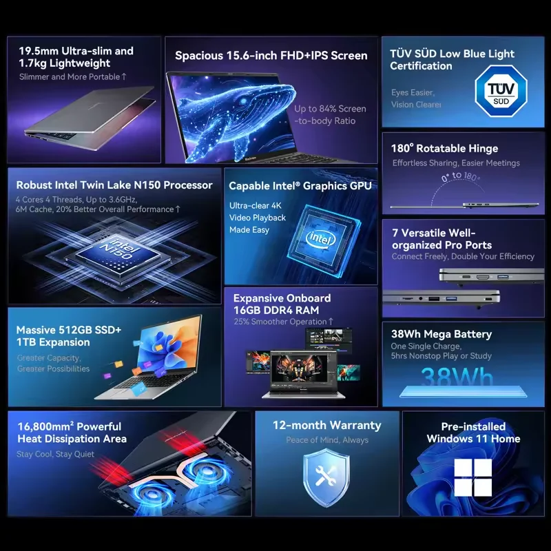 Blackview AceBook 6 laptop 15,6" FHD IPS Intel Twin Lake N150 16GB RAM 512GB SSD + uitbreiding tot 1TB Windows 11 Home Notebook