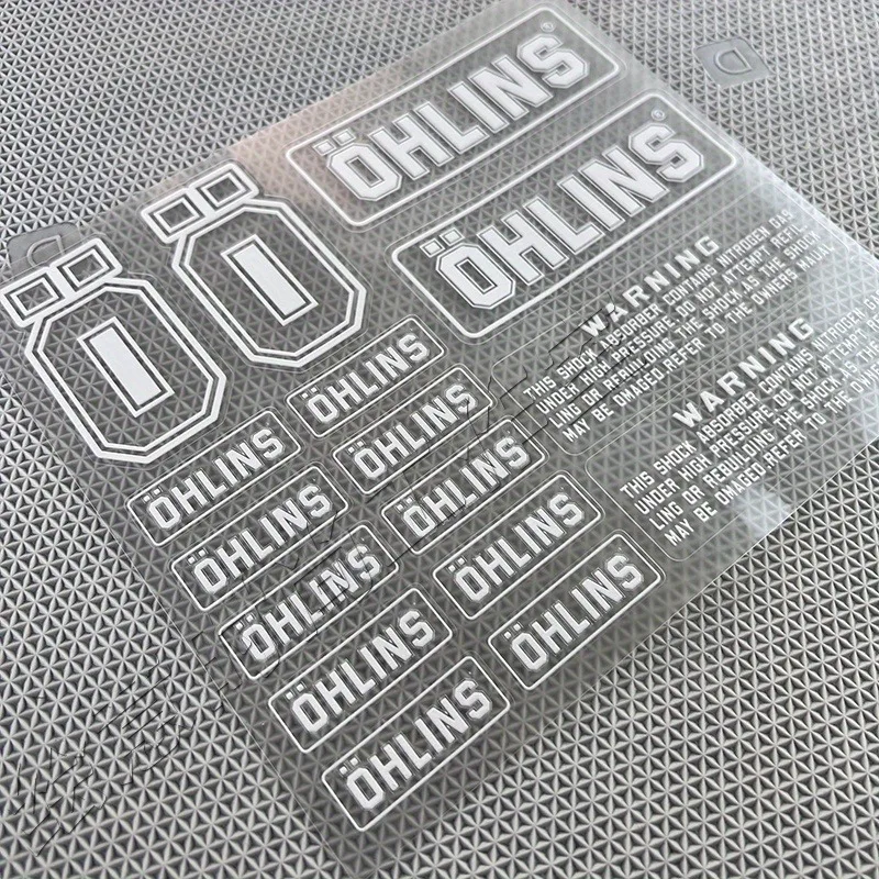 Decalques de motocicleta com amortecedor de suspensão Ohlins - adesivos transparentes com etiquetas de advertência para desempenho aprimorado