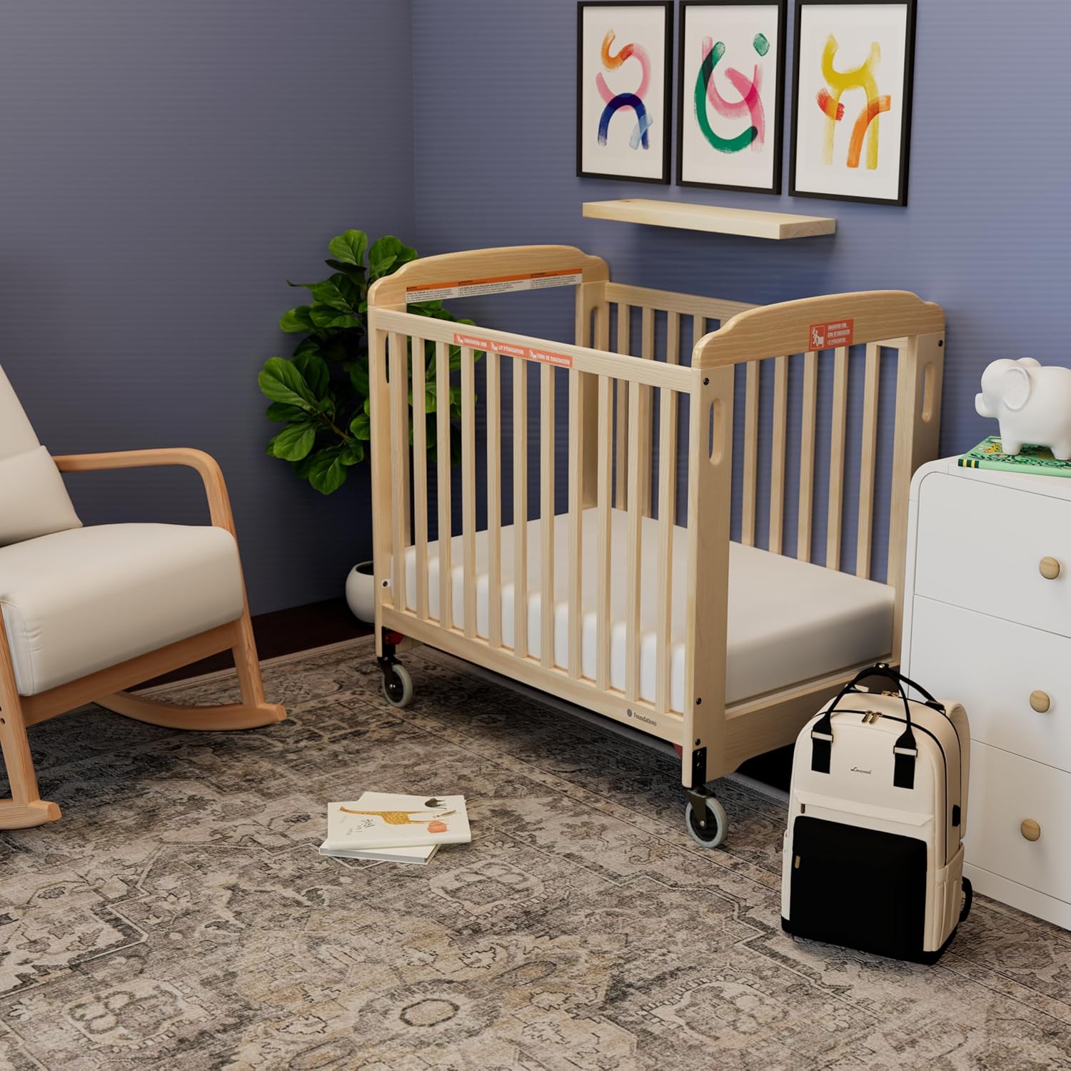 Safe Haven Daycare Evacuation Wooden Compact Portable Crib with 4" Casters, Features Clearview End Panels, Durable Wood
