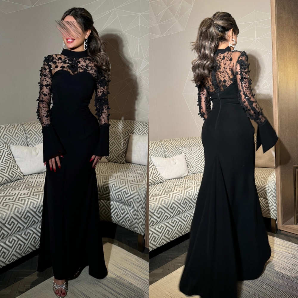 Personalizado exquisito elegante Jersey apliques flor sirena cuello alto vestidos largos vestidos de ocasión a medida estilo moderno