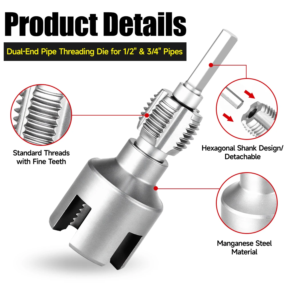 DN15/20/25 Pipe Threading Tool Hex Shank Die Internal External Threads 1/2&3/4&1 INCH Water Pipes PPR PVC MPP Detachable