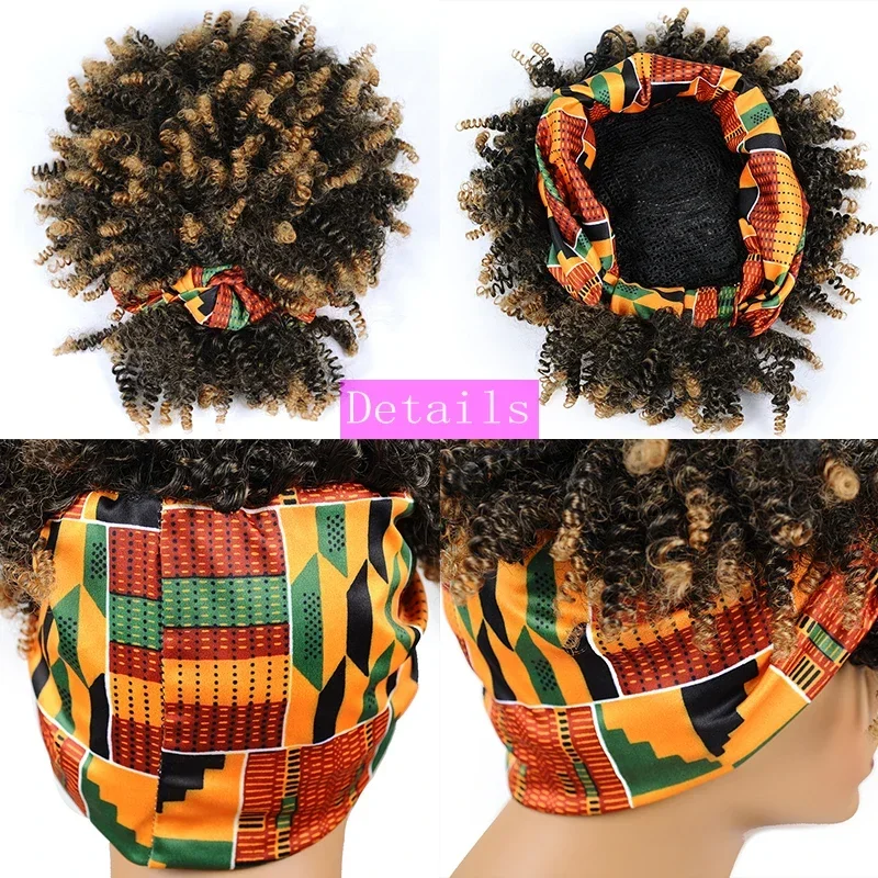 Peruca curta e encaracolada para mulheres, perucas afro puff, turbante sintético natural, peruca wrap, cosplay, uso diário