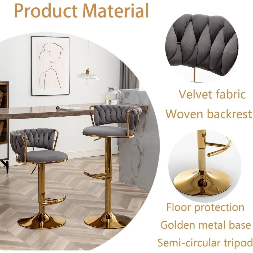 Gold Velvet Bar Stools Set of 4, Counter Height Bar Stools with Low Back, Swivel Stool for Kitchen Island, Bar Pub (Grey)