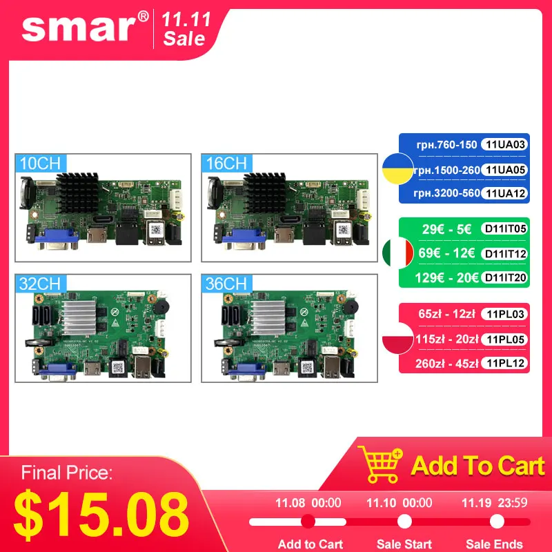 Smar CCTV 9CH 10CH 16CH 32CH 4K NVR Материнская плата H.265 + сетевой видеорегистратор для 5-мегапиксельной 8-мегапиксельной IP-камеры Поддержка распознавания лиц ONVIF