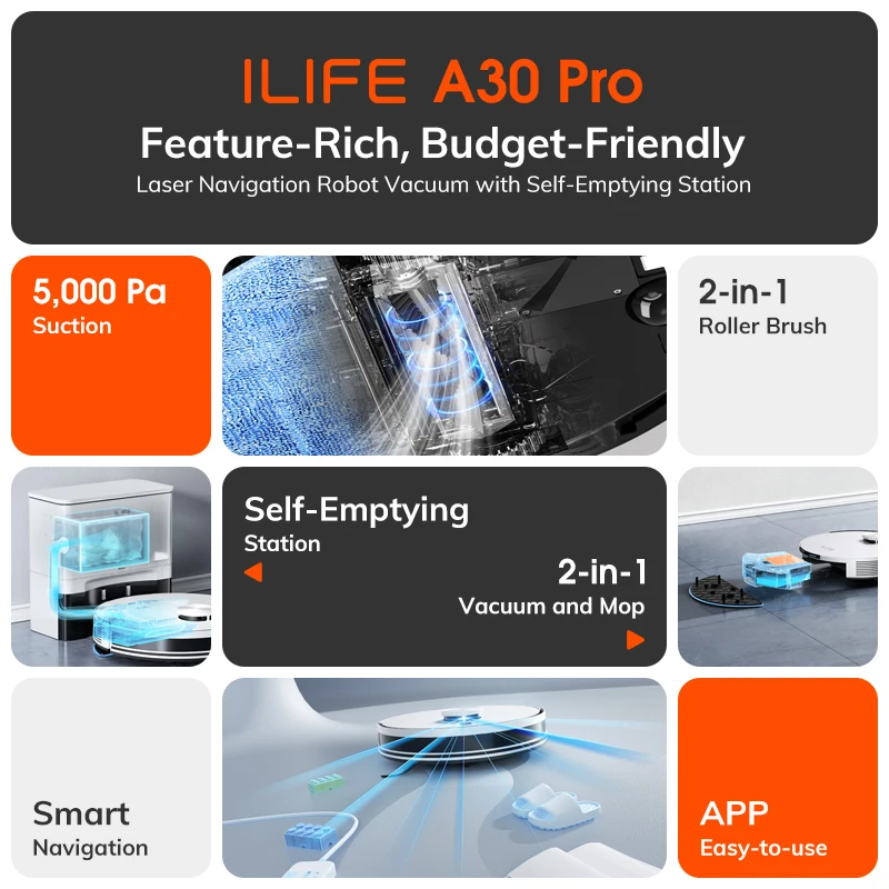 ILIFE A30 PRO, odsysanie 5000Pa, robot odkurzający i mopujący, samoczyszczący, pojemność na 60 dni, sterowanie przez aplikację/pilot, czas pracy 180 minut