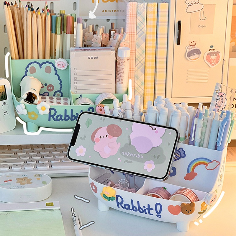 Kawaii – porte-stylo de bureau grande capacité, boîte de rangement de papeterie mignonne, porte-crayon créatif de dessin animé, organisateur de bureau pour filles