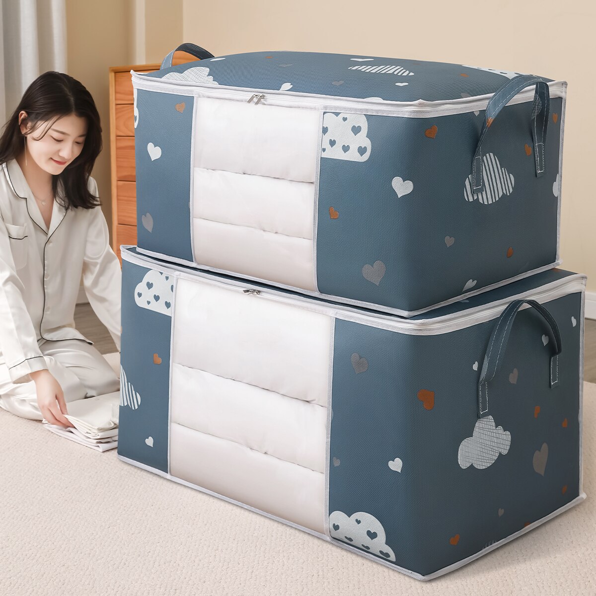 Saco De Armazenamento De Roupas De Grande Capacidade, Organizador com Alça Reforçada, Adequado para Cobertores, Cama, Dobrável, Zíper Robusto
