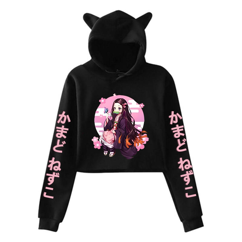 Nuevo Anime Kamado Nezuko estampado gato oreja sudaderas con capucha mujeres niñas moda ropa de calle sudaderas con capucha Top corto pulóver