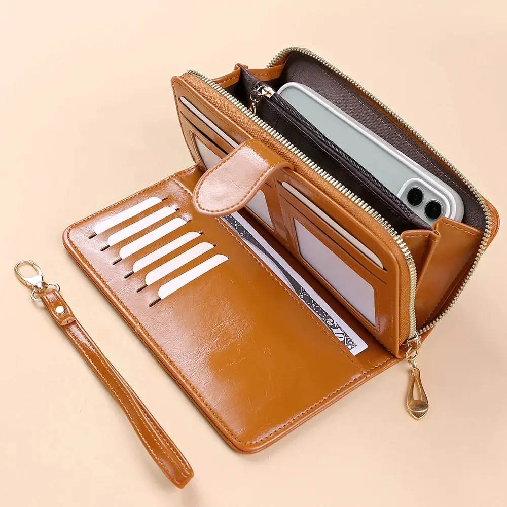 Women's Vintage Oil Wax PU Leather Clutch Wallet Female Large Capacity Phone Purse Ladies Wristband Simple Card Holder Pouch Bag