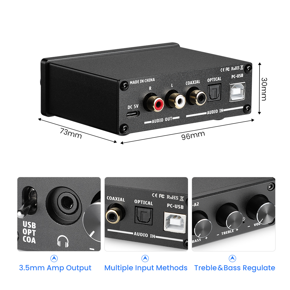 Aiyima dac a2 decodificador de áudio fibra coaxial usb decodificador baixo agudos ajuste dac com amplificador de fone de ouvido para home sound theater