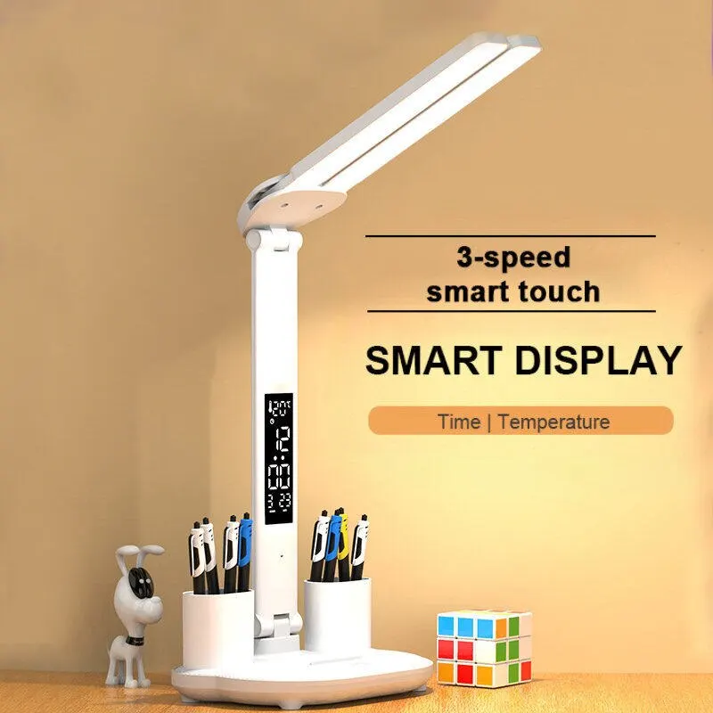 LED-Uhr-Tischlampe, über USB aufladbar, dimmbar, Schreibtischlampen, 2 Köpfe, 180 drehbar, faltbar, Augenschutz, Desktop-Lese-Nachtlichter