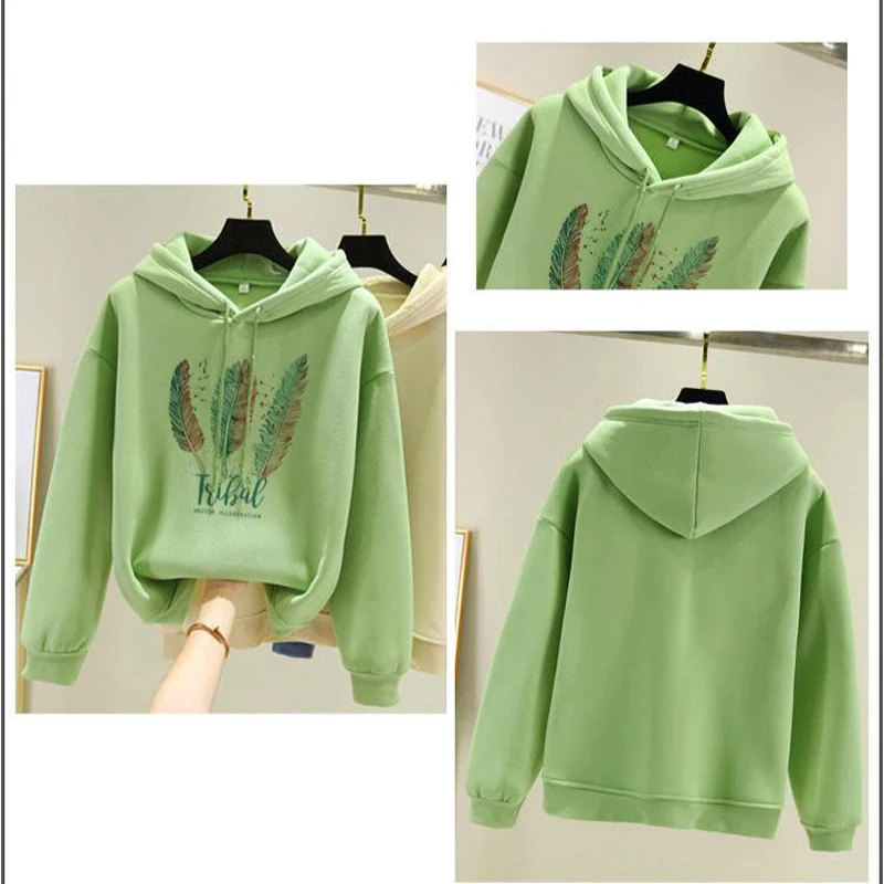 Sweat à capuche imprimé plumes pour femmes, mode automne hiver, Plus velours, décontracté, ample