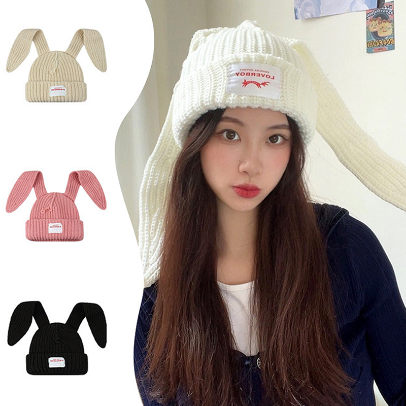 女性の長いかぎ針編みのビーニー、ニット帽、バニーウサギの耳、暖かい帽子、冬の帽子、かわいい