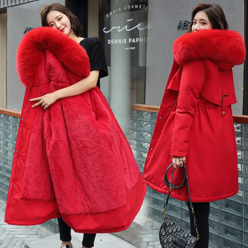 Parka de inverno 2024 novas mulheres jaqueta roupas casaco longo forro de lã com capuz jaqueta gola de pele grosso quente neve wear moda parka