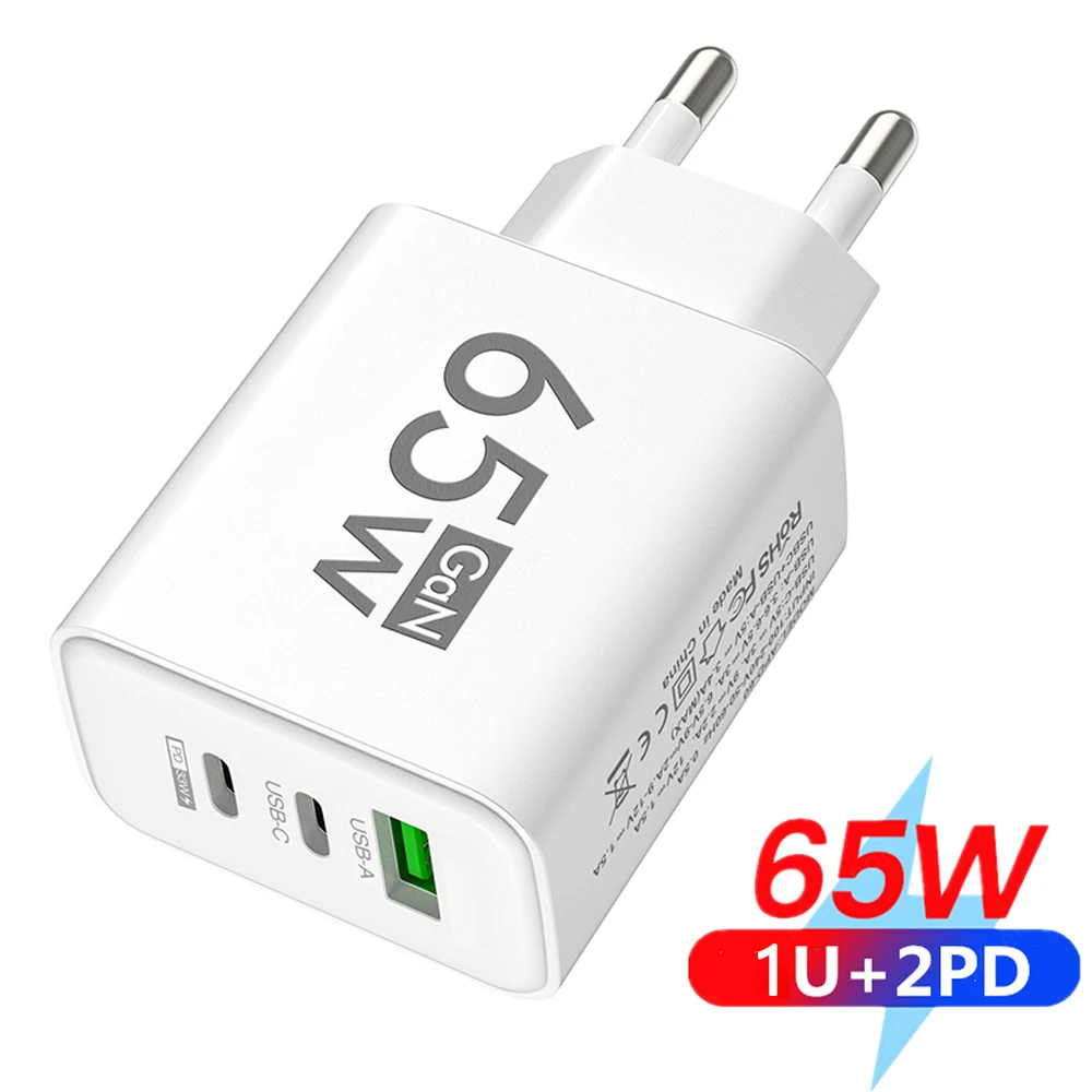 Cargador GaN de 65W USB PD tipo C, carga rápida, adaptador de teléfono de 3 puertos QC3.0 para iPhone 15 Pro Max Samsung Galaxy S23 Xiaomi Huawei