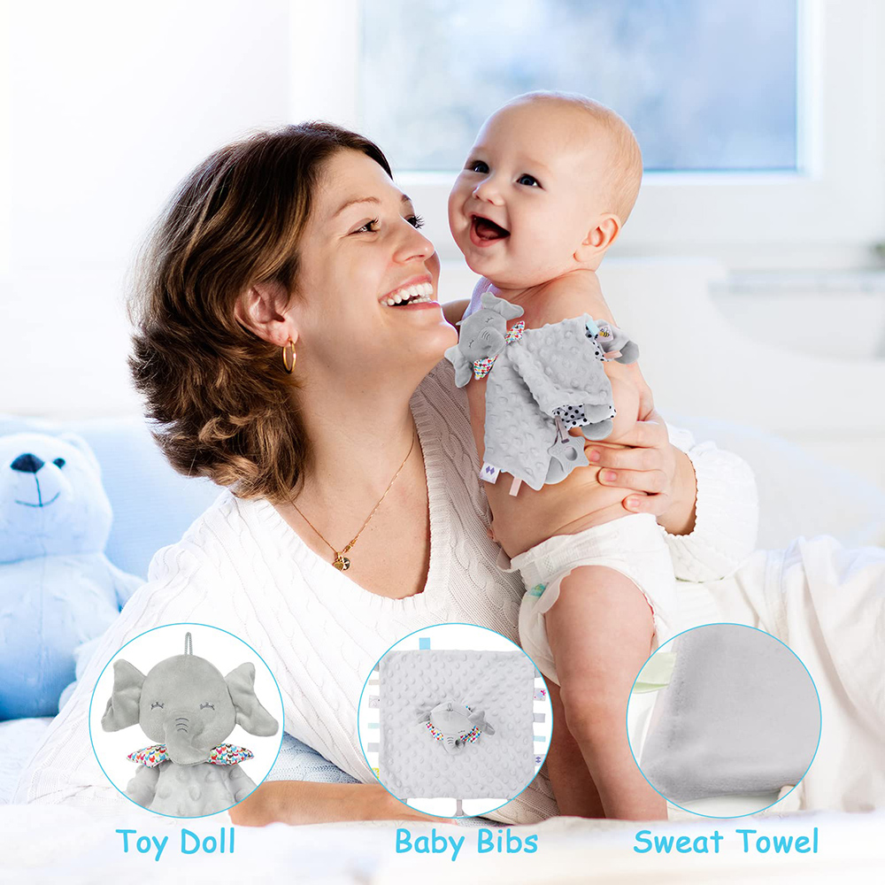 Coperta di sicurezza per bambini Elefante con etichette Sonagli per massaggiagengive Coperta morbida mobile Giocattolo coccole Peluche per neonati Regalo per neonati