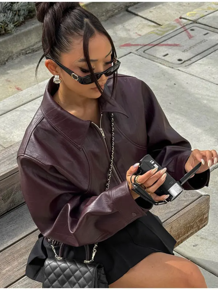 Chaqueta de cuero liso para mujer, abrigo holgado con cremallera, estilo Harajuku Y2K, para invierno, 2023