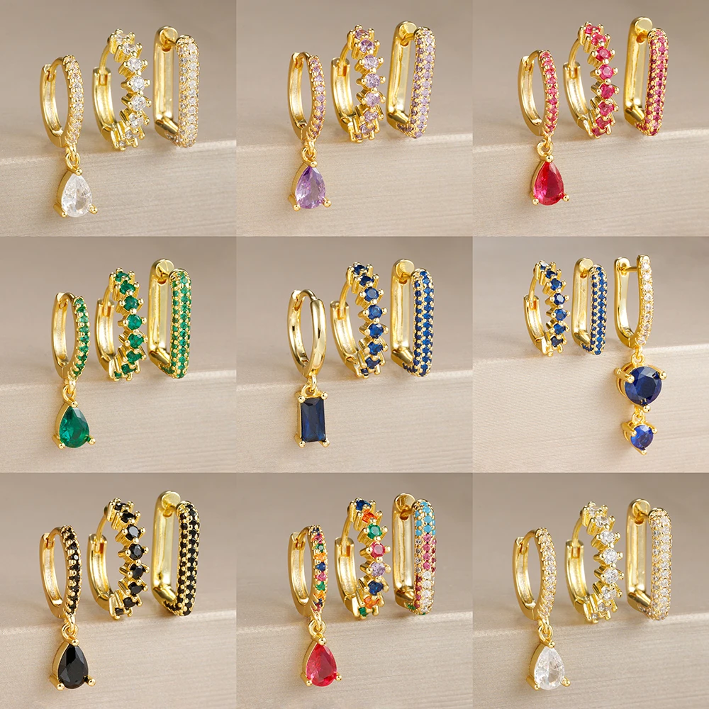 Juego de pendientes con colgante de gota de agua de circonia cúbica para mujer, aretes redondos de acero inoxidable en forma de U, joyería para Piercing, 3 uds.