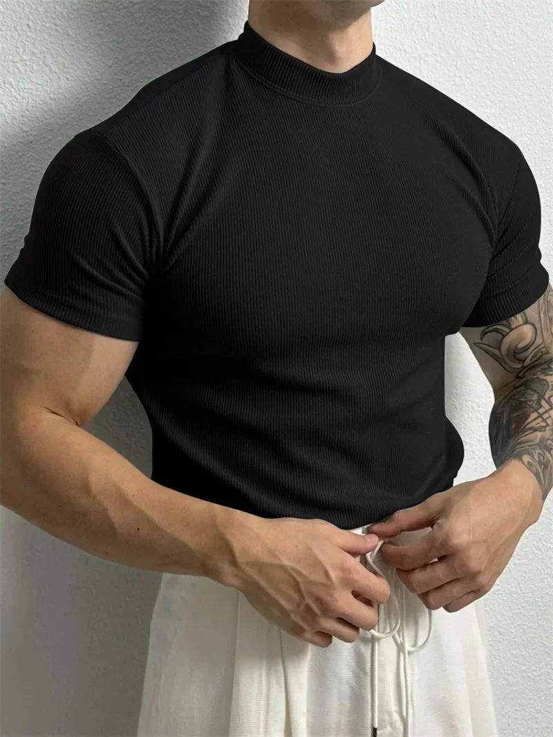 Primavera verão elástico confortável camiseta masculina pequena gola alta listra camisa de manga curta fitness topos esportes casual camiseta