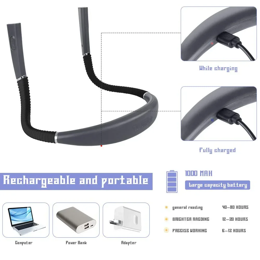 Luz de lectura para el cuello, novedad, luces flexibles para el cuello, luz para libros manos libres, lámpara de lectura Hanling, iluminación portátil para libros recargable por USB