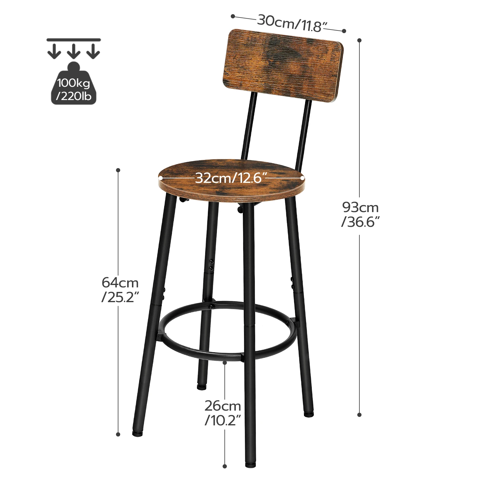 Bar Stools Set of 2 Breakfast Bar Stools Kitchen Stools with Backs and Footrest High Bar Chairs for Dining Room Party