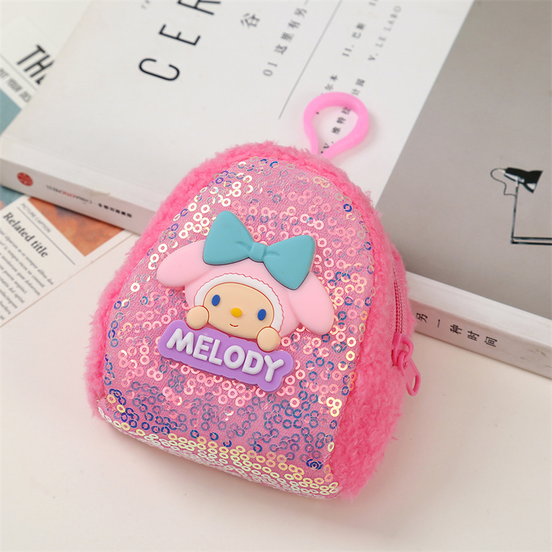 Sanrio hellokitty bolsa de moedas bonito dos desenhos animados kuromi minha melodia colorido lantejoulas bluetooth fone de ouvido saco chaveiro pingente presentes do feriado